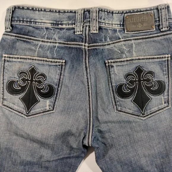 Affliction Denim Killers Men’s Jeans 34X32 Medium Wash Cross Goth Grunge Emo Y2K - Picture 2 of 9